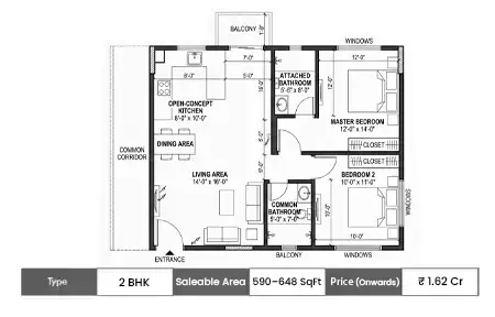 2 BHK 590 – 648 SqFt